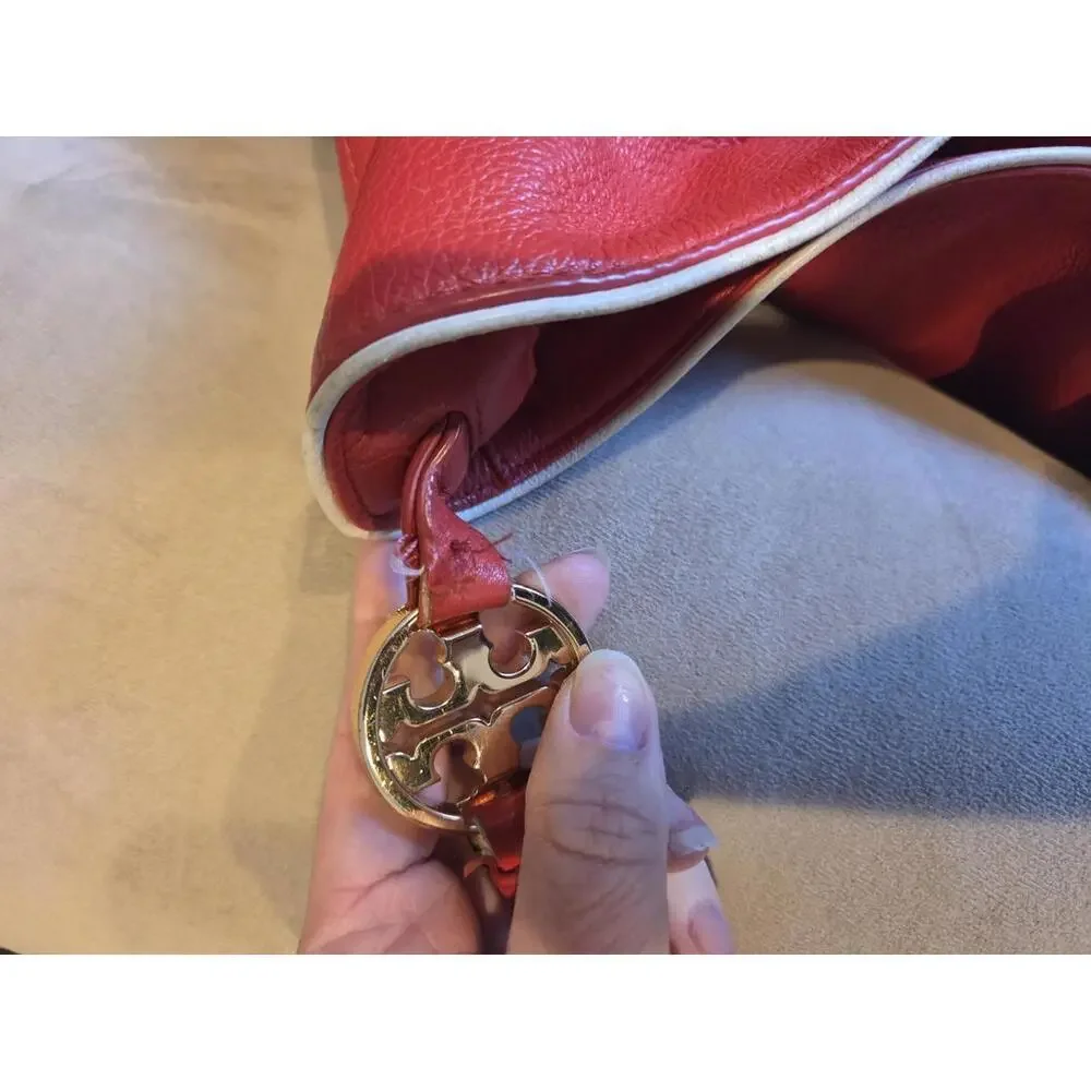 Tory Burch Red Leather boho Shoulder Bag with Logo Accent